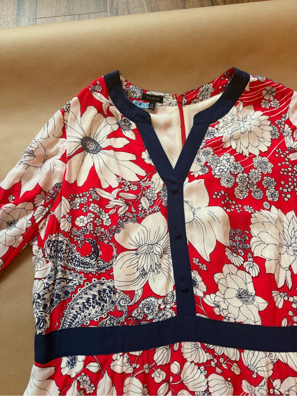Talbots Red and Navy Floral V-Neck Long sleeve dress